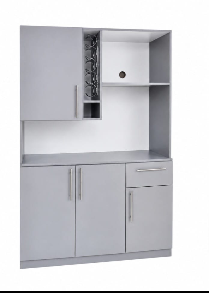 Grey display cabinet with wine rack and cupboards